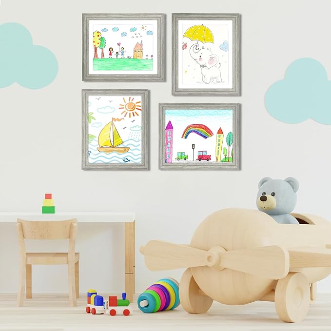 [2 Pack] Kids Art Frames, 10x12.5 Front Opening Kids Artwork Frames Changeable, Grey Wood Grain Artwork Display Storage Frame for Wall, Holds 50 Pcs, for 3D Picture, Crafts, Children Drawing, Hanging