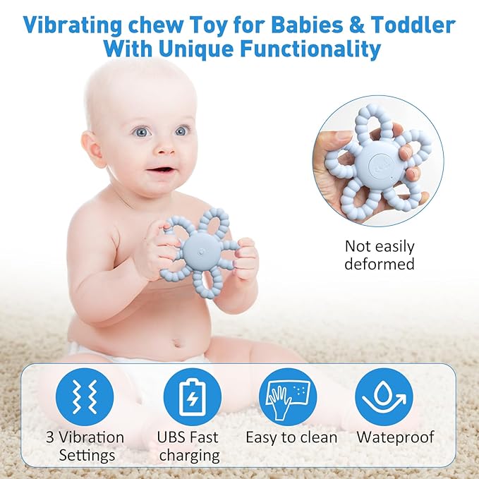 Vibrating Sensory Chew Toy, Vibrating Teether for Baby, Silicone Children Teething Toy for Babies 6-12 8-18 Month, USB Chargeable &3X Vibration Travel New Years Gift for Kid with Autism Toddler