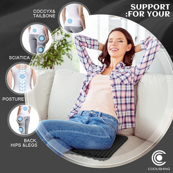 Cooushing Gel Seat Cushion, for Long Sitting -Double Thick Gel Seat Cushion Breathable Honeycomb Chair Cushion with Non-Slip Cover for Office Chair Car, Wheelchair, Long Trips,Relief Sciatica Pain