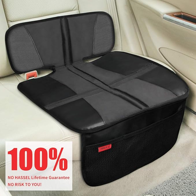Car Seat Protector - Seat Protection Mat - Thick Padding - Durable, Waterproof Fabric, Leather Reinforced Corners & 3 Pockets for Handy Storage (2 Pack) Black