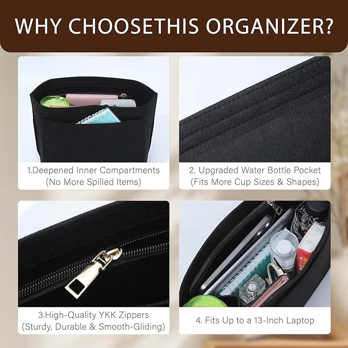 Premium Felt Purse Organizer Insert for Longchamp Le Pliage, Zipper Long Champ Bag Organizer Insert with Cup Holder, 9 Compartments