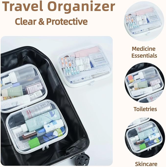 3-Pack Medium Minus Clear Hard Shell Zipper Pouches, Clear Zipper Bags, Hard Case Pouches for Purse & Diaper Bag Organizer,and Travel Essentials (3M-