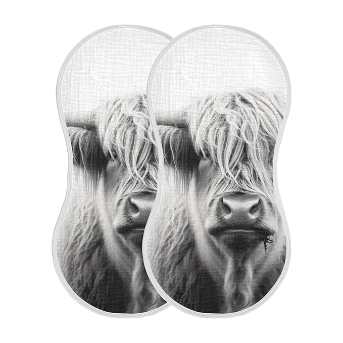 Muslin Baby Burp Cloths Set of 2, Soft Absorbent Highland Cow Muslin Washcloths, Bibs, Face Towel for Newborn Boys Girls, 22 x 11 Inch