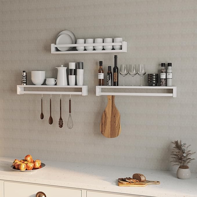 Heimlove Nursery Floating Shelves, Solid Wood Nursery Book Shelves for Wall, 32 inch Bookshelf for Kids, Wall Mounted Shelves for Books,Toys and Decor Storage, Set of 3 (White)