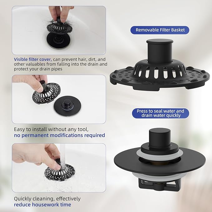 Metal 2 Pack Bathtub Drain Stopper with Top Hair Catcher, 3 in 1 Pop-up Bathtub Strainer, Tub Stopper with Detachable Stainless Steel Filter Basket for Standard 1.5 to 2.4'' Drain, Matte Black