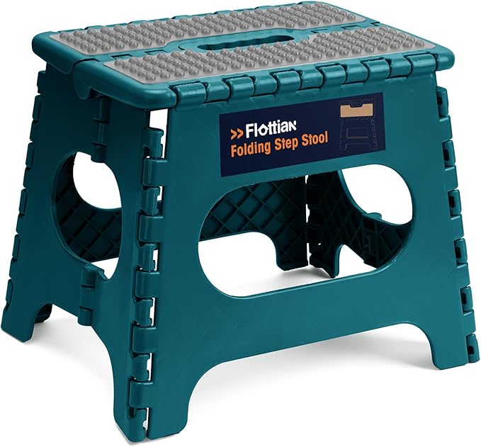 Flottian 11" Folding Step Stool for Adults and Kids Holds Up to 300 lbs,Non-Slip Folding Stools with Portable Handle, Compact Plastic Foldable Step Stool for Bedroom, Kitchen Turquoise Green,1PC