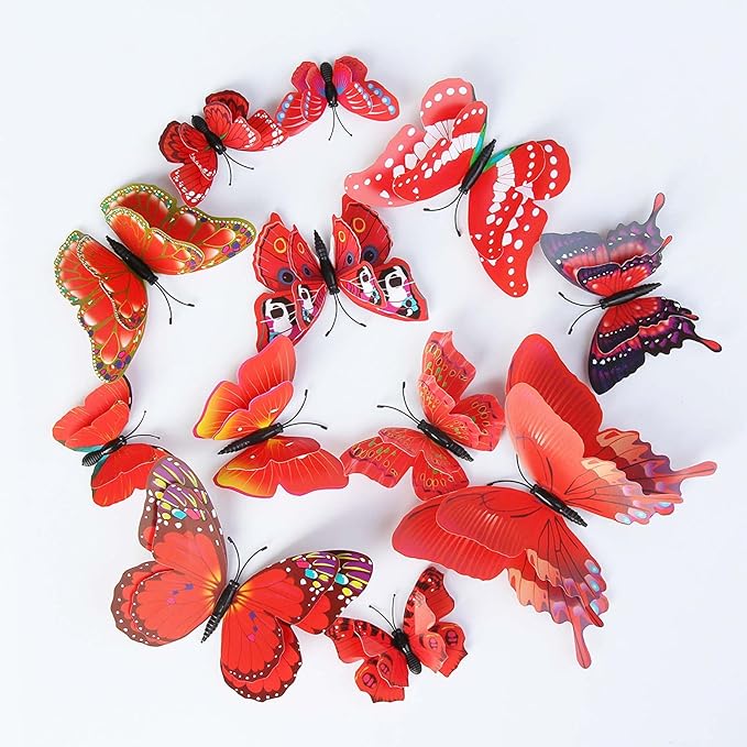 OPSEAM Butterfly Wall Decor 24/48 PCS, 3D Butterflies Stickers for Party Decorations with Magnets (Red, 48)