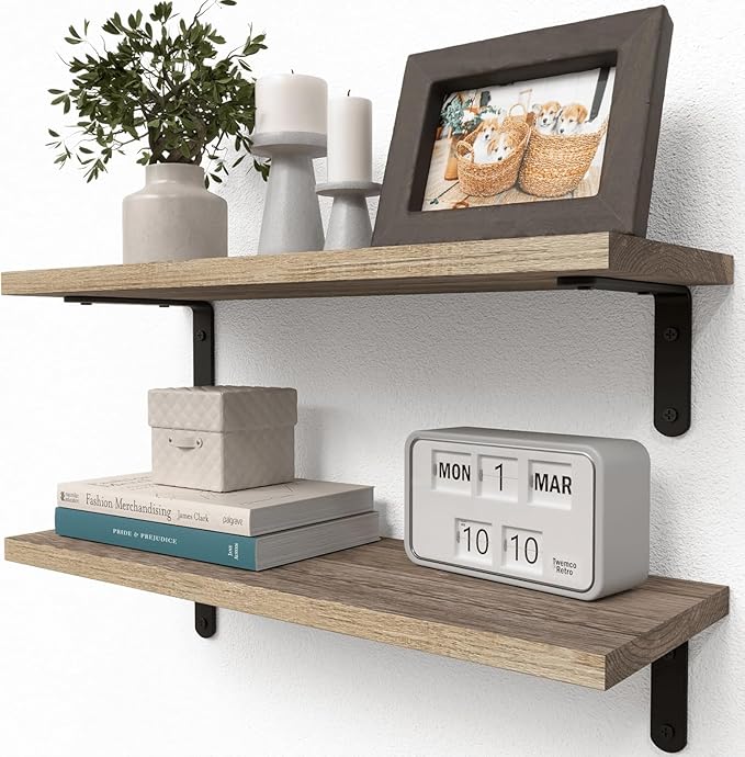 RICHER HOUSE Rustic Wood Shelves Set of 2, Farmhouse Style Floating Shelf for Wall Décor, Hanging Shelves for Bathroom, Bedroom, Storage, Kitchen, Living Room - Carbonized Black | for Wall Décor, for Bathroom, Bedroom, Storage, Kitchen, Living Room