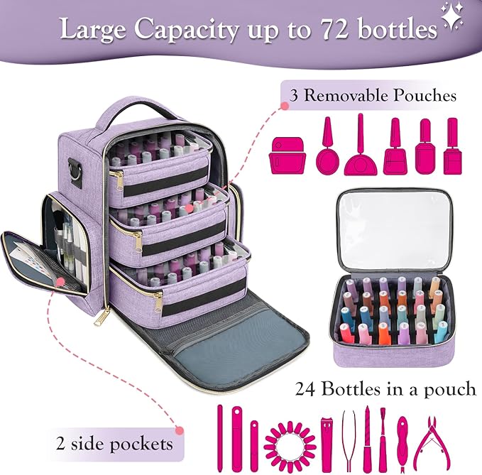 YOREPEK Nail Polish Organizer Holds Up to 72 Bottles (15ml - 0.5 fl.oz) and Nail Lamp, Nail Polish Storage with 3 Removable Pouches & Multiple Storage Sections for Manicure Set, Gift for Manicurist