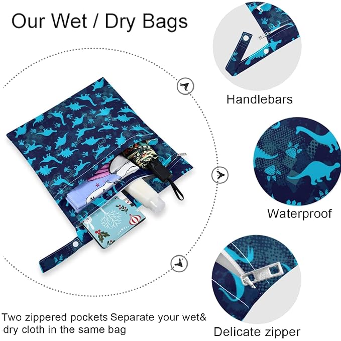 visesunny Blue Dinosaur Footprint 2Pcs Wet Bag with 2 Zippered Pockets Snap Handle Washable Reusable Roomy for Travel,Beach,Pool,Daycare,Stroller,Diapers,Dirty Gym Clothes, Wet Swimsuits, Toiletries
