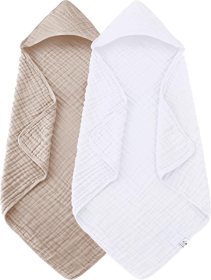Spotted Play 2 Pack Hooded Baby Towels - 100% Muslin Cotton for Newborns, Infants, Toddlers - Large 32x32Inch Size - Highly Absorbent and Essential for Newborn Care, White and Brown