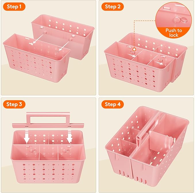 Lifewit Shower Caddy Portable, Plastic Bathroom Organizer with Handle and Holes, Hard Cleaning Basket for Toiletry Storage, College Dorm Essentials, Pink, 3 Packs