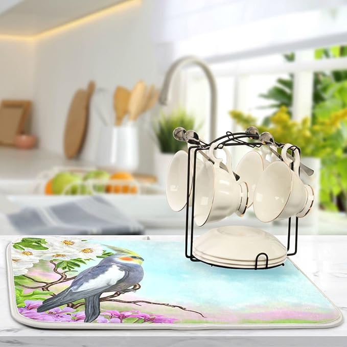 Absorbent Dish Drying Mat for Kitchen Counter - Parrot Peach Blossom Flowers Microfiber Drying Pad, Reversible Drainer Mats for Countertop, Large 18" x 24"