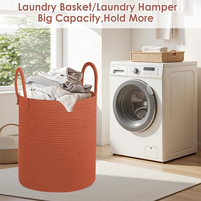 Cotton Rope Laundry Basket, Large Capacity Storage Bin with Handles, Large Blanket Basket for Living Room, Ribbed Texture (Brick Red, XX Large 100L)