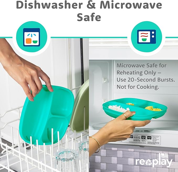 Re-Play Toddler Plates with Dividers - Deep-Walled 3 Compartments Divided Plates for Kids with 3 Lids - Dishwasher & Microwave Safe - Made in USA - Set of 3-7.37" x 7.37" x 1.25" Aqua, Lime, Yellow