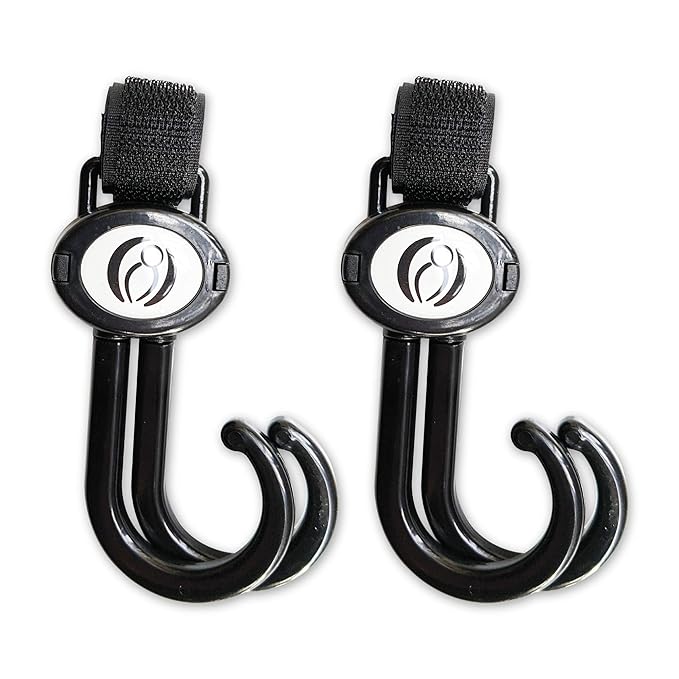 Lulyboo Multi-Use Organizer Hook Clips (2 Pack) - Adjustable Metal Hooks for Baby Strollers, Diaper Bags, Purses & Shopping, Heavy Duty Up to 15kg, Black, Easy One-Hand Attachment