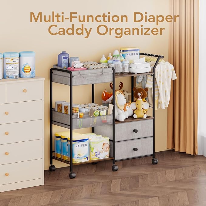 BBLIKE Diaper Caddy Organizer with Hanging Rack - 3 Tier Rolling Baby Storage Cart with Drawers and Side Pockets for Newborn Diaper Organization for Nursery, Crib, Bedroom, Changing Table, Gray