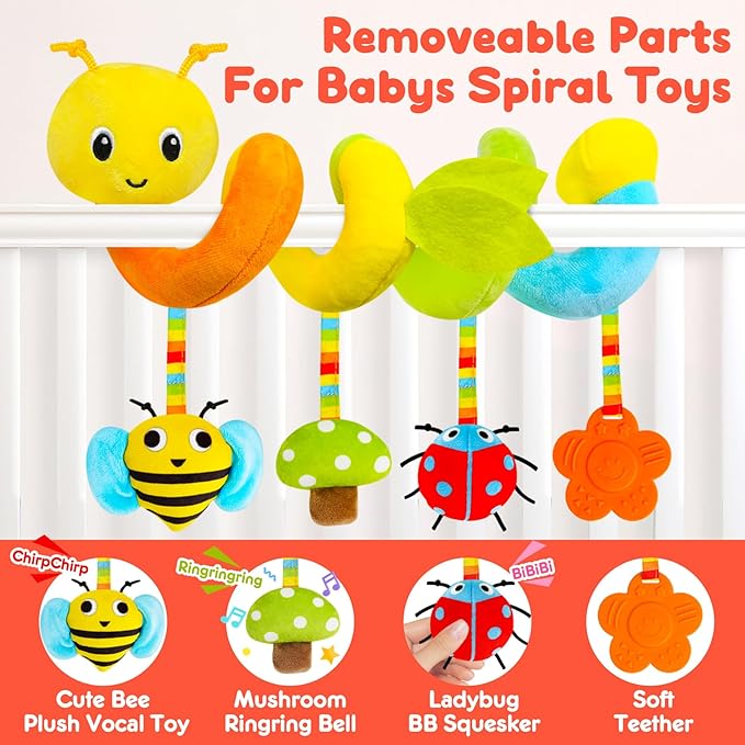 TSYAN Car Seat Toys for Babies 0-6 Months Boy,Baby Spiral Hanging Plush Activity Toys Thank You Gifts for Newborn 0 3 6 9 12 Months Baby Boys Girls