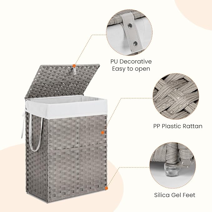 DUMOS Woven Laundry Basket with Lid, 90L Large Capacity Hamper, Removable & Machine-Washable Liner, Foldable Rattan Clothes Hamper, Sturdy Steel Frame, Odor Control, Dove Gray