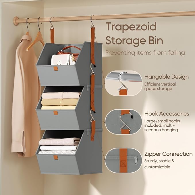 Collapsible Hanging Closet Organizer - 6 Tier Closet Shelves Storage System with Hooks, Fabric Hanging Storage Bins for Clothes, Foldable Storage Basket for Laundry, Bedroom, Rv, Grey