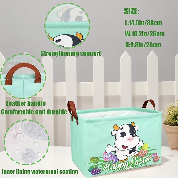 ASKETAM Cow Easter Basket for Kid Large Empty Baby Rectangular Cute Easter Gift Storage Basket Bunny Eggs Décor (Cow)