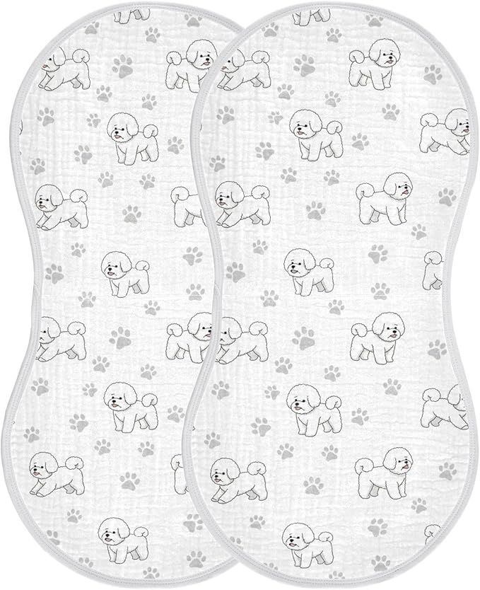 Qinllo 2 Pack Muslin Burp Cloths Cute Bichon Dog White Cotton Baby Burp Cloths Extra Absorbent and Soft Thick Burping Cloth for Baby Boys Girls 22x11 Inch