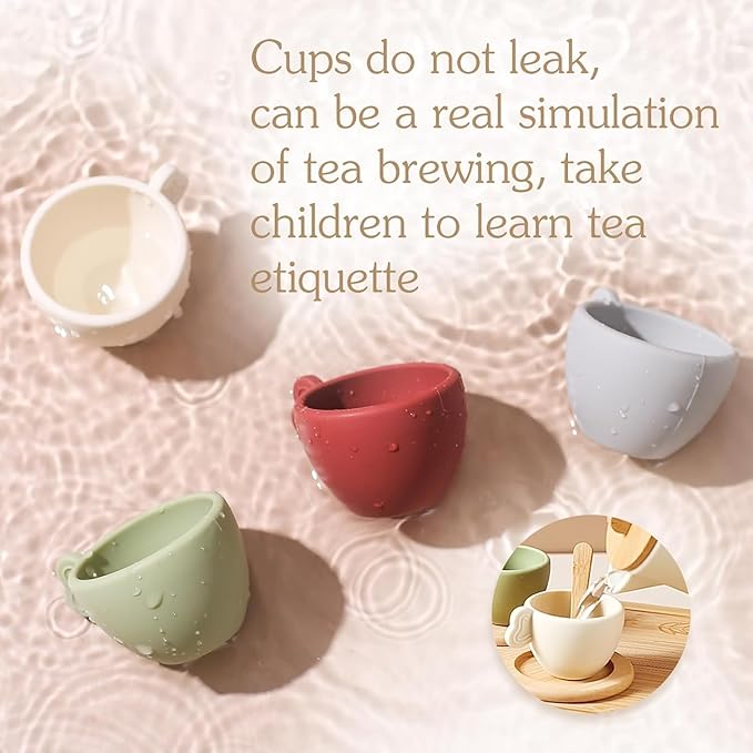 Enchanting Wooden Tea Party Set - Silicone Teapot, Cups & Carrying Scoop - Perfect for Little Girls' Tea Party & Kitchen Play - Toddler Gift
