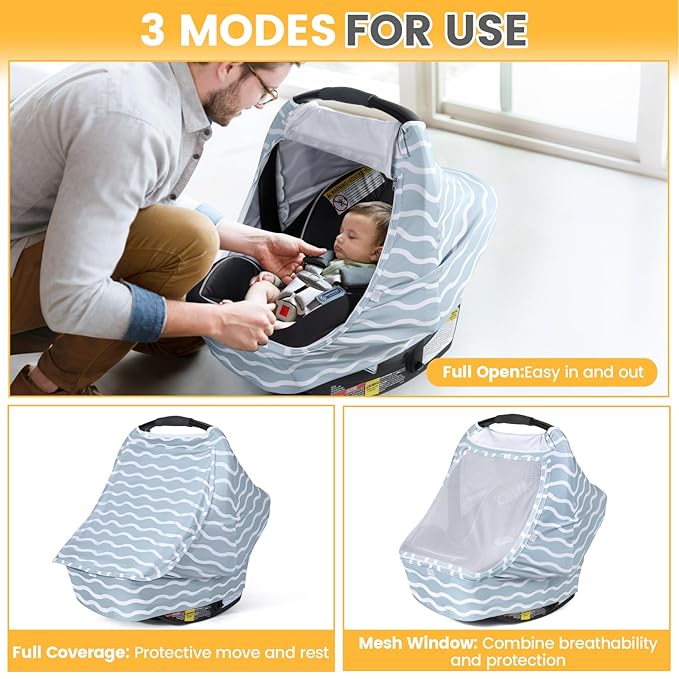Orzbow Baby Car Seat Cover, Breathable Car Seat Canopy for Girls Boys with Mesh Window, Lightweight Baby Carrier Cover for Wind, Dust, Sun and Insects Protection, Universal Fit, Gray