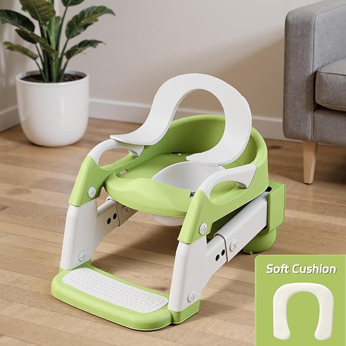 Snugzy Toddler Potty Training Seat 3-in-1 Foldable Potty Training Toilet with Step Stool Adjustable Potty Chair with Urinals (Green)