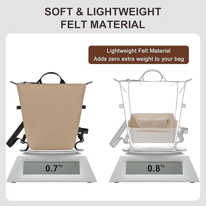 Premium Felt Purse Organizer Insert Compatible with Long Champ Le Pliage L Backpack, Lightwieight Bag Divider Shaper with 8 Pockets & YKK Zipper, Beige/LB
