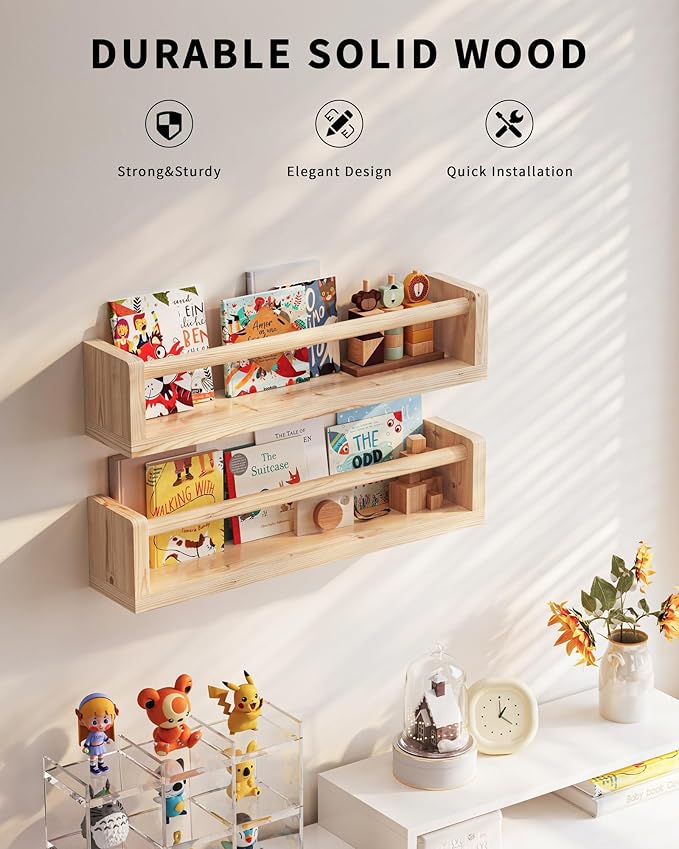 Nursery Book Shelves, 4 Pack, Wall Book Shelves for Kids Room, Baby, Toddler, Nursery Decor (Wood, 16.5 Inches)