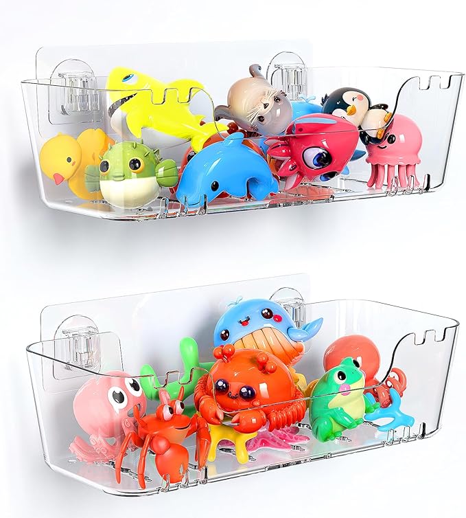 JNDETOP Bath Toy Storage Holder for Bathtub, Clear Acrylic Bath Toy Organizer with Drain Holes, 2 Pack Large Capacity Bathtub Toy Storage Shower Caddy for Bathroom