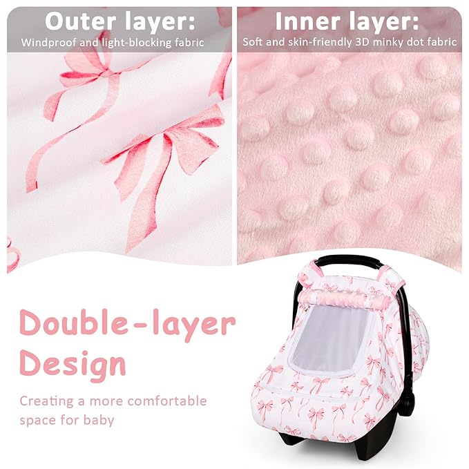 Baby Car Seat Cover with Mesh Window, Windproof Carseat Cover for Infant Girls, Infant Carseat Canopy with with Dual Zipper, Compatible with Most Baby Car Seat, Pink Bow