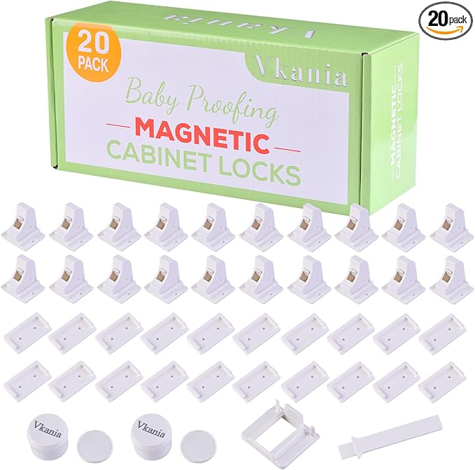 20 Pack Vkania Magnetic Cabinet Locks Child Safety with 2 Keys - Baby Proof Adhesive Latches for Kitchen Cabinets & Drawers, No Drilling Easy Installation (20 Locks + 2 Keys)