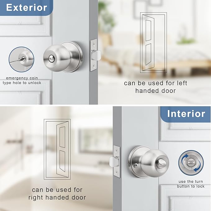 Knobonly 2 Pack Privacy Door Knobs Satin Nickel, Keyless Door Knobs Interior for Bedroom and Bathroom, Round Door Handles Stainless Steel, Classic Design