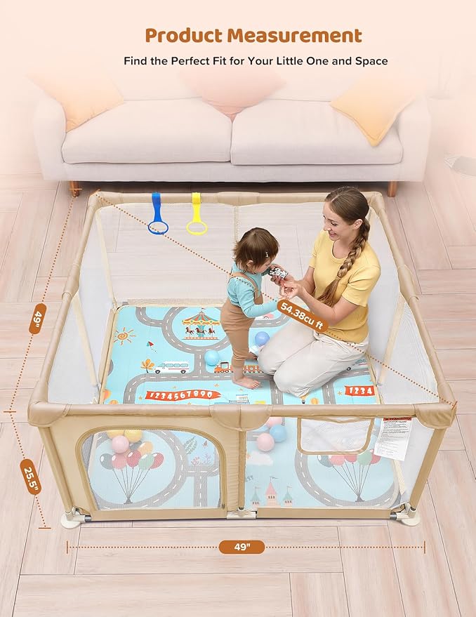 Dripex Baby Playpen with Mat, 47"x47" Play Pen for Toddlers 1-3 Years, Soft Breathable Visible Mesh, Indoor/Outdoor Portable Play Yard with Mat, Safe Baby Fence Play Area, Beige