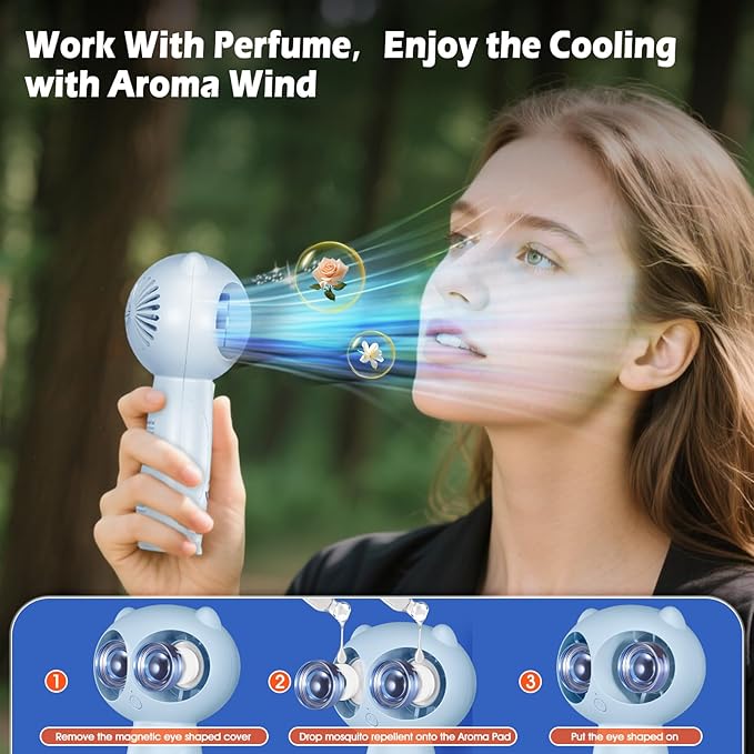 Portable Aroma Handheld Fan - Rechargeable 6000mAh Battery USB-C Owl Shaped with Clip Mini Personal Turbo Travel Essentials (Blue)