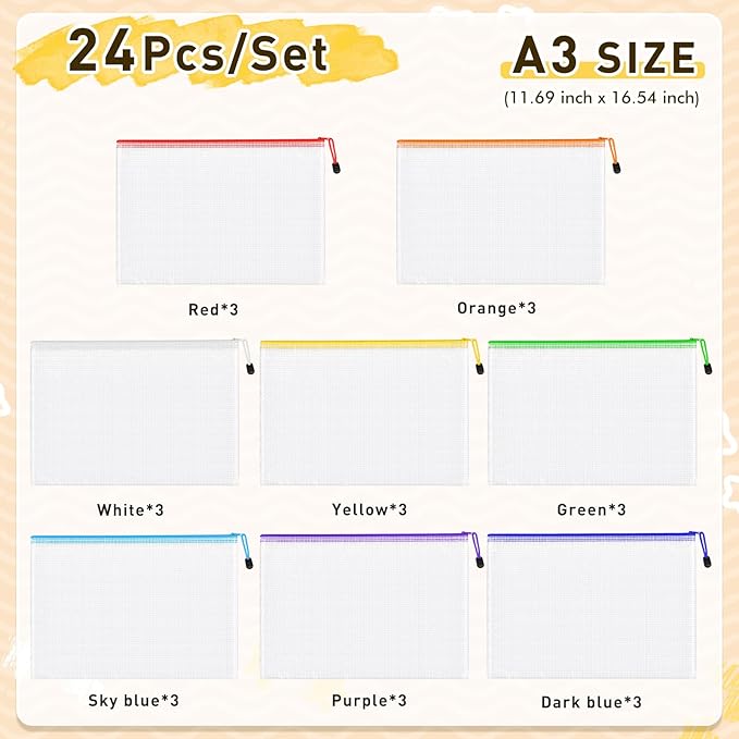 24pcs Mesh Zipper Pouch Bags, A3 Large Size 8 Colors Plastic Zipper Bags for Organizing Storage, Clear Pouches with Zipper, Waterproof Mesh Bags for School Supplies, Home Organize, Travel Storage