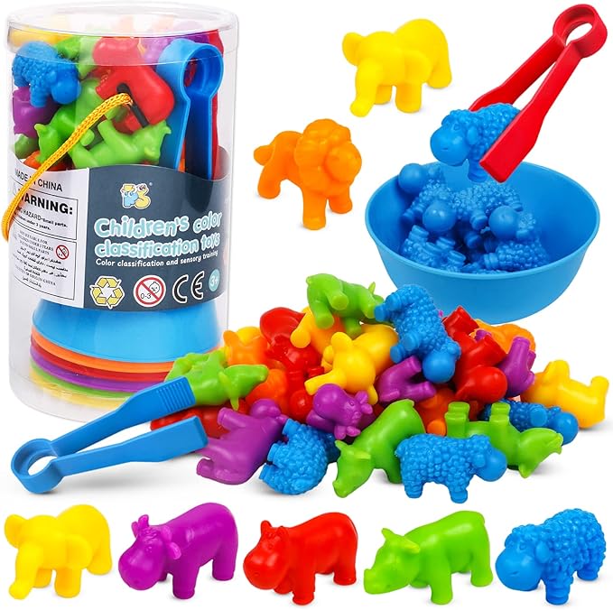 NAODONGLI Counting Animals Color Sorting Stacking Matching Games with Rainbow Bowls Montessori Preschool Educational Learning Activities Fine Motor Skills Toys Easter Gift for Toddlers Ages 3+