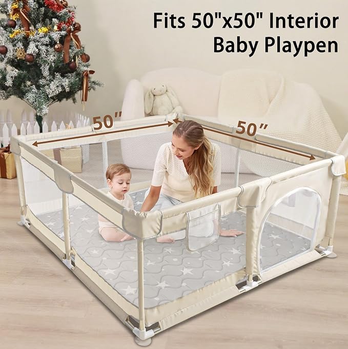 Beavtaens Baby Play Mat, 50x50 Playpen Mat, Thick Soft Foam Playmats for Baby, Foldable and Washable Crawling Mat for Floor (Gray Stars)