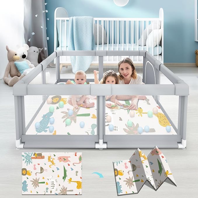 Fshibila Baby Playpen with Mat, Baby Playpens for Babies and Toddlers, BabyFence Play Pen for Indoor & Outdoor, Sturdy Safety Play Yard with Soft Breathable Mesh, 50 * 50 * 27 inches Grey