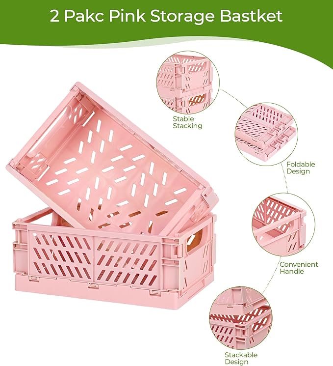 HUUSMOT 2-Pack Small Pastel Plastic Storage Baskets, Collapsible Crates for Organizing, Space-Saving Mini Bins for Classroom, Kitchen, Office, Bedroom (Pink, 9.8" x 6.5" x 3.8")