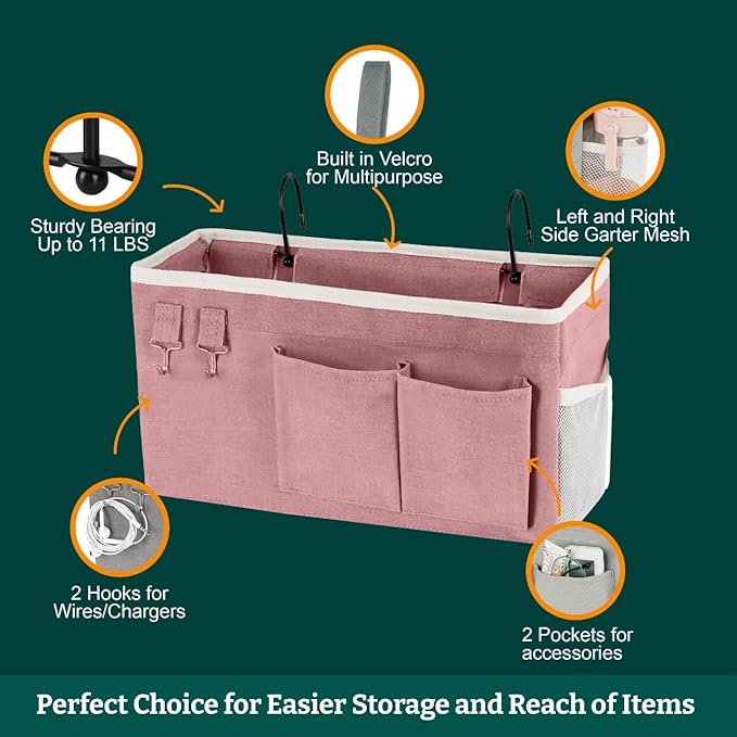 Bedside Caddy Organizer Hanging Storage Bag with Pockets for Books, Magazines, Phone, Tablet & Water Bottle – Bedside Storage for Dorm, Bunk Beds, Hospital Beds & Cribs, Pink