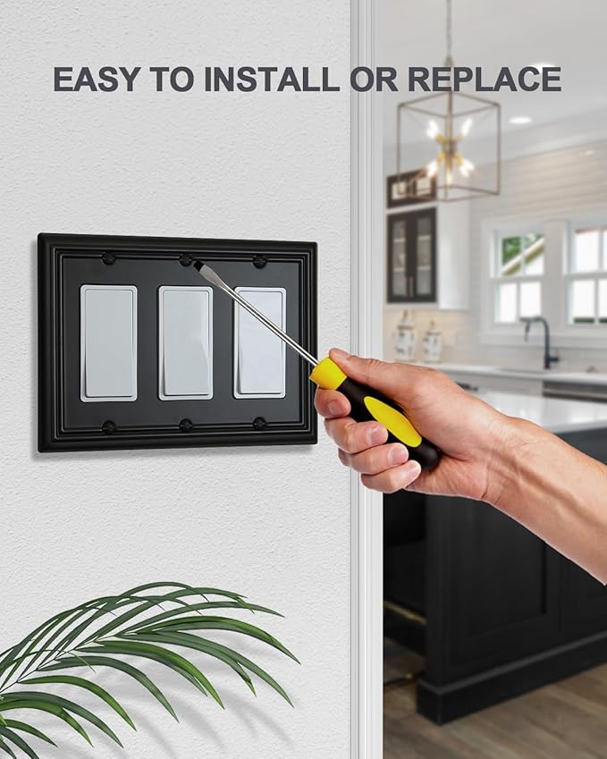 1-Pack Black Triple Decorator Outlet Covers, 3 Gang Wall Plates for Receptacle, GFCI Outlet, Dimmer Switch, Durable Metal, 6.77''*4.88'', Midsize