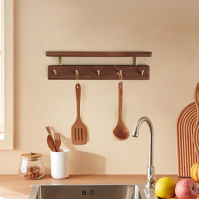 Mayhas Solid Wood Shelf with Hooks, 15 inch Coat Rack Wall Mount, Shelves with 5 Brass Hooks for Hanging in Entryway, Living Room, Bathroom, Bedroom, Kitchen(Walnut)