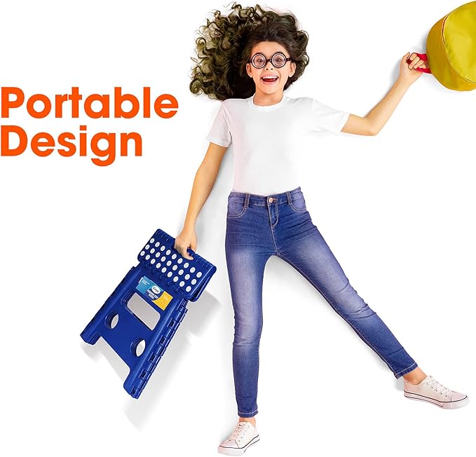 Korpai 13" Folding Step Stool for Adults and Kids Holds Up to 300 lbs,Non-Slip Folding Stools with Portable Handle, Compact Plastic Foldable Step Stool for Bathroom,Bedroom, Kitchen,Royal Blue,1PC