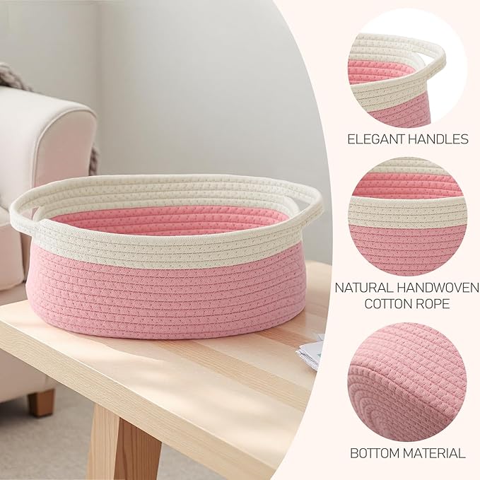 JMvicyroam Woven Basket,Small Rope Storage Bin with Handles & Ribbon Bag, Organizer for Shelves Closets,Gift Basket Empty for Birthday,Books,Dog Toys, White&Pink