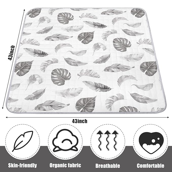 Funtery 43 x 43 Inch Boho Baby Play Mat Portable Crawling Washable Foldable Tummy Time Non Slip Baby Floor Large Playpen Mat for Infants Toddlers Floor Playpen Activity(Leaf Theme)