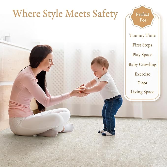 PopsyKosy Premium Baby Floor Play Mat - Extra Thick & Cushioned 1 inch Playroom Foam Mat, Non-Toxic Odorless - 6 Tiles - Spacious 6x4 ft. - Stylish & Large, Waterproof for Kids & Toddlers - Pearl Beige