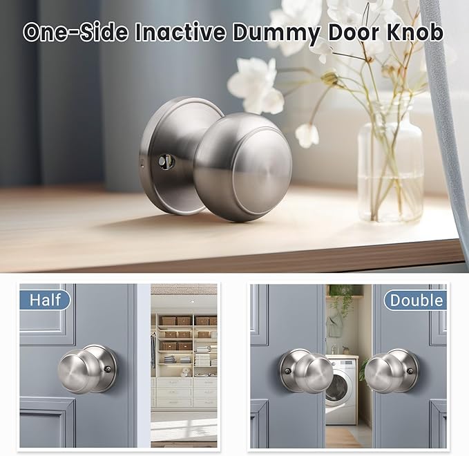 KNOBWELL 2 Pack Non-Turning Dummy Door Knobs Interior - Satin Nickel, Keyless Closet Door Knobs for French Doors，Single Side